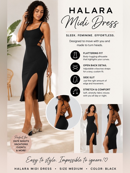 HALARA Dresses & Skirts - HALARA Black Midi Dress with Side Slit and Crisscross Back